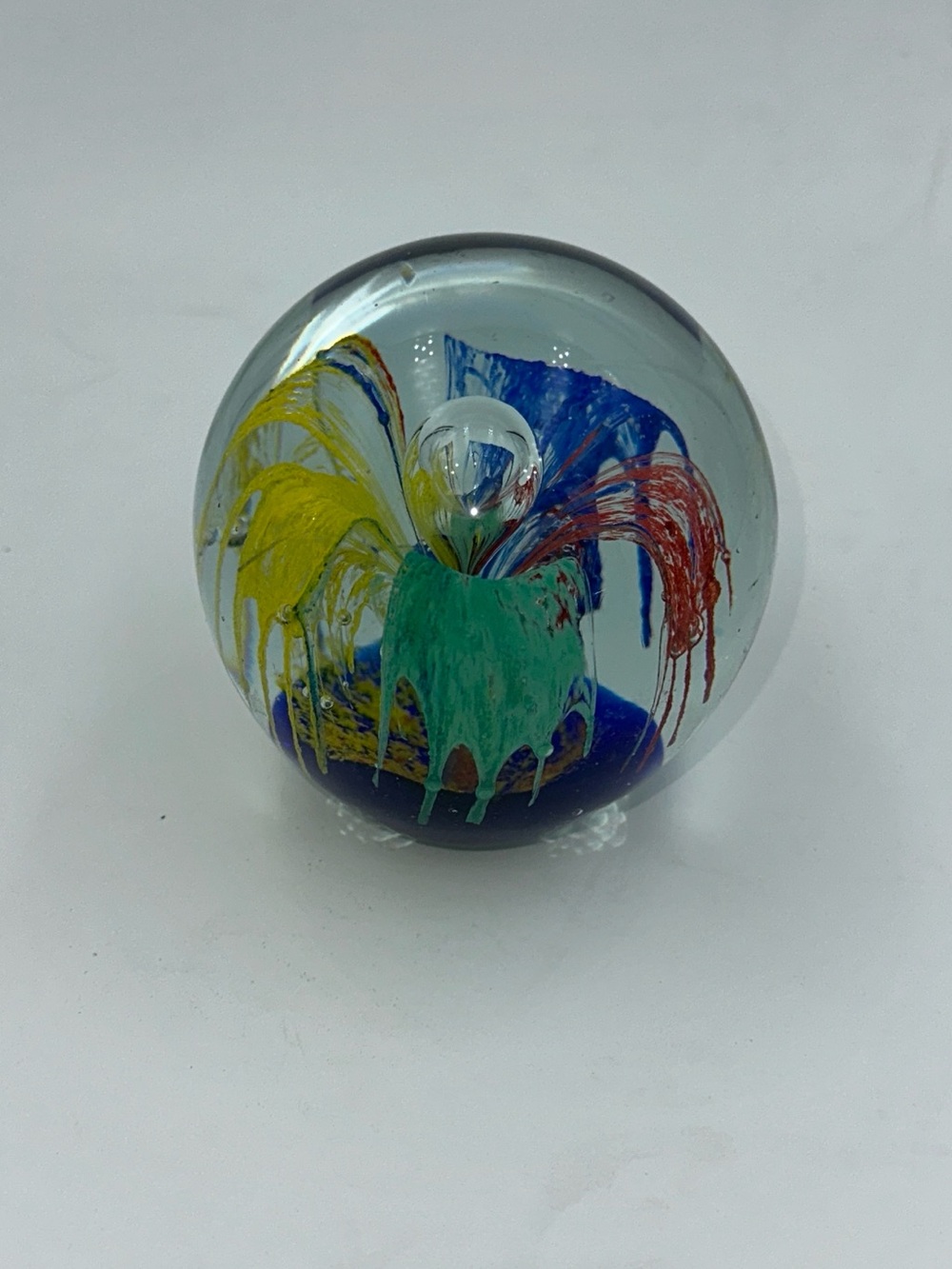 Handblown Glass Art Paperweight with Multicolor Drip Design